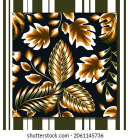 tropical seamless pattern leaves with orange, white and dark green color combination on black background. Printing and textiles. Exotic tropics. fashionable Summer design vector