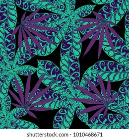 Tropical Seamless Pattern With Leaves of Palm Trees On Black Background. Hand Drawn Jungle Texture In Zentangle Style. Ornate Seamless Background for Print, Interior, Wallpaper, Swimwear. Vector.
