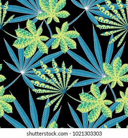 Tropical Seamless Pattern With Leaves of Palm Trees On Black Background. Hand Drawn Jungle Texture In Zentangle Style. Ornate Seamless Background for Print, Interior, Wallpaper, Swimwear. Vector.