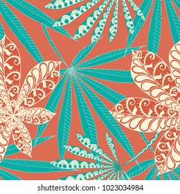 Tropical Seamless Pattern With Leaves of Palm Trees On Black Background. Hand Drawn Jungle Texture In Zentangle Style. Ornate Seamless Background for Print, Interior, Wallpaper, Swimwear.