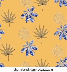 Tropical Seamless Pattern With Leaves of Palm Trees On Black Background. Hand Drawn Jungle Texture In Zentangle Style. Ornate Seamless Background for Print, Interior, Wallpaper, Swimwear.