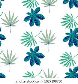 Tropical Seamless Pattern With Leaves of Palm Trees On Black Background. Hand Drawn Jungle Texture In Zentangle Style. Ornate Seamless Background for Print, Interior, Wallpaper, Swimwear. Vector.