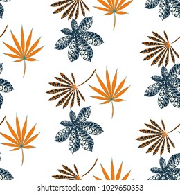 Tropical Seamless Pattern With Leaves of Palm Trees On White Background. Hand Drawn Jungle Texture In Zentangle Style. Ornate Seamless Background for Print, Interior, Wallpaper, Swimwear. Vector.