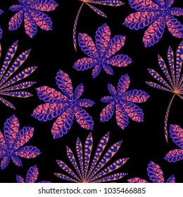 Tropical Seamless Pattern With Leaves of Palm Trees On Black Background. Hand Drawn Tropic Texture In Zentangle Style. Ornate Seamless Background for Print, Interior, Wallpaper, Swimwear. Vector.