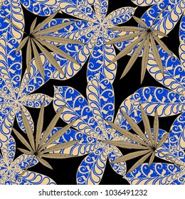 Tropical Seamless Pattern With Leaves of Palm Trees On Black Background. Hand Drawn Rainforest Texture In Zentangle Style. Ornate Seamless Background for Print, Interior, Wallpaper, Swimwear. Vector.