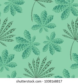 Tropical Seamless Pattern With Leaves of Palm Trees On White Background. Hand Drawn Rainforest Texture In Zentangle Style. Ornate Seamless Background for Print, Interior, Wallpaper, Swimwear. Vector.