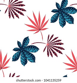 Tropical Seamless Pattern With Leaves of Palm Trees On Black Background. Hand Drawn Rainforest Texture In Zentangle Style. Ornate Seamless Background for Print, Interior, Wallpaper, Swimwear.