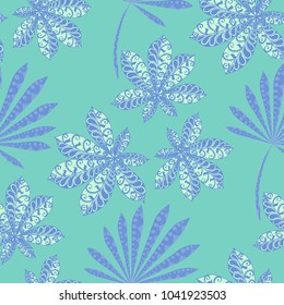 Tropical Seamless Pattern With Leaves of Palm Trees in Black and White. Hand Drawn Tropic Texture In Zentangle Style. Ornate Seamless Background for Print, Interior, Wallpaper, Swimwear.