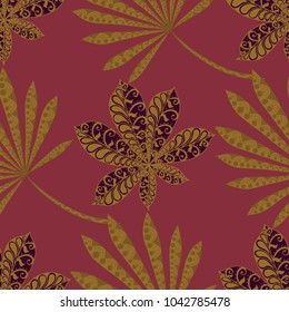 Tropical Seamless Pattern With Leaves of Palm Trees On White Background. Hand Drawn Tropic Texture In Zentangle Style. Ornate Seamless Background for Print, Interior, Wallpaper, Swimwear.