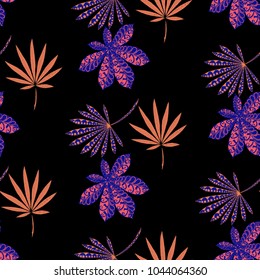 Tropical Seamless Pattern With Leaves of Palm Trees On Black Background. Hand Drawn Rainforest Texture In Zentangle Style. Ornate Seamless Background for Print, Interior, Wallpaper, Swimwear. Vector.
