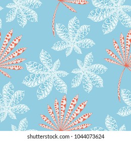 Tropical Seamless Pattern With Leaves of Palm Trees for Summer Design. Hand Drawn Jungle Texture In Zentangle Style. Ornate Seamless Background for Print, Interior, Wallpaper, Swimwear.