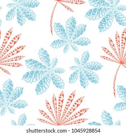 Tropical Seamless Pattern With Leaves of Palm Trees On Black Background. Hand Drawn Tropic Texture In Zentangle Style. Ornate Seamless Background for Print, Interior, Wallpaper, Swimwear.
