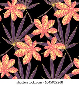 Tropical Seamless Pattern With Leaves of Palm Trees On Black Background. Hand Drawn Tropic Texture In Zentangle Style. Ornate Seamless Background for Print, Interior, Wallpaper, Swimwear.