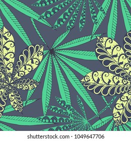 Tropical Seamless Pattern With Leaves of Palm Trees On Black Background. Hand Drawn Rainforest Texture In Zentangle Style. Ornate Seamless Background for Print, Interior, Wallpaper, Swimwear.