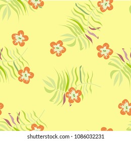 Tropical seamless pattern with leaves of a palm tree, flowers hibiscus.