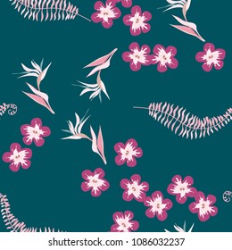 Tropical seamless pattern with leaves of a palm tree, flowers of strelitzia and hibiscus.