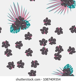 Tropical seamless pattern with leaves of a palm tree, flowers hibiscus