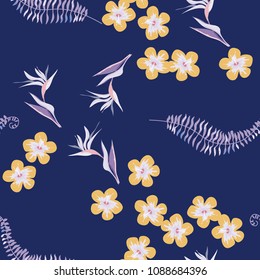 Tropical seamless pattern with leaves of a palm tree, flowers of strelitzia and hibiscus.