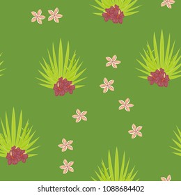 Tropical seamless pattern with leaves of a palm tree, flowers of strelitzia and hibiscus.