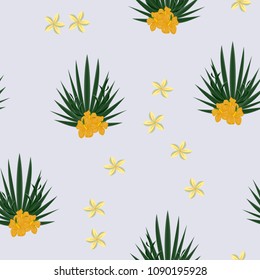Tropical seamless pattern with leaves of a palm tree, flowers hibiscus.