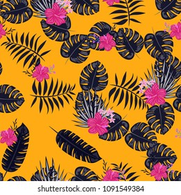 Tropical seamless pattern with leaves of palm and monstera, hibiscus flowers on an orange background. Orange background with tropical plants. Jungle. Africa.