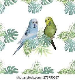 Tropical seamless pattern with leaves of palm trees and exotic parrots. Watercolor illustrations, vector.