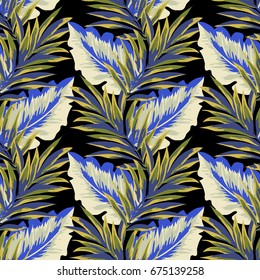 Tropical seamless  pattern with leaves of  palm tree. Hand-drawn floral background for printing on fabric, clothing, home textiles, wallpaper, gift wrapping.