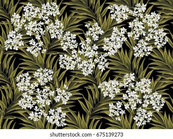 Tropical seamless  pattern with leaves of  palm tree. Hand-drawn floral background for printing on fabric, clothing, home textiles, wallpaper, gift wrapping.