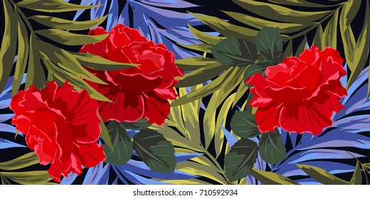 Tropical seamless pattern with leaves of palm tray and red roses. Hand-drawn floral background for printing on fabric, clothing, home textiles, wallpaper, gift wrapping.