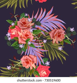 Tropical seamless pattern with leaves of palm and roses. Hand-drawn floral background for printing on fabric, clothing, home textiles, wallpaper, gift wrapping.