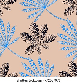 Tropical Seamless Pattern With Leaves of Palm Trees On White Background. Hand Drawn Rainforest Texture In Zentangle Style. Ornate Seamless Background for Print, Interior, Wallpaper, Swimwear. Vector.