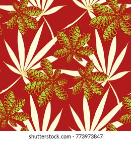 Tropical Seamless Pattern With Leaves of Palm Trees On Black Background. Hand Drawn Rainforest Texture In Zentangle Style. Ornate Seamless Background for Print, Interior, Wallpaper, Swimwear.