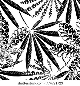 Tropical Seamless Pattern With Leaves of Palm Trees On White Background. Hand Drawn Rainforest Texture In Zentangle Style. Ornate Seamless Background for Print, Interior, Wallpaper, Swimwear. Vector.