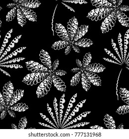 Tropical Seamless Pattern With Leaves of Palm Trees On Black Background. Hand Drawn Tropic Texture In Zentangle Style. Ornate Seamless Background for Print, Interior, Wallpaper, Swimwear.