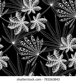 Tropical Seamless Pattern With Leaves of Palm Trees On Black Background. Hand Drawn Rainforest Texture In Zentangle Style. Ornate Seamless Background for Print, Interior, Wallpaper, Swimwear.