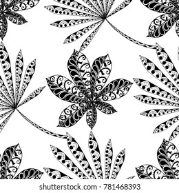 Tropical Seamless Pattern With Leaves of Palm Trees On White Background. Hand Drawn Tropic Texture In Zentangle Style. Ornate Seamless Background for Print, Interior, Wallpaper, Swimwear.