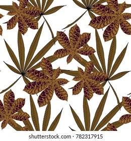 Tropical Seamless Pattern With Leaves of Palm Trees On Black Background. Hand Drawn Rainforest Texture In Zentangle Style. Ornate Seamless Background for Print, Interior, Wallpaper, Swimwear.