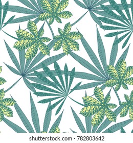 Tropical Seamless Pattern With Leaves of Palm Trees On Black Background. Hand Drawn Jungle Texture In Zentangle Style. Ornate Seamless Background for Print, Interior, Wallpaper, Swimwear. Vector.