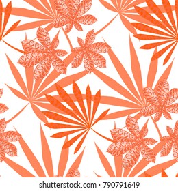 Tropical Seamless Pattern With Leaves of Palm Trees On White Background. Hand Drawn Jungle Texture In Zentangle Style. Ornate Seamless Background for Print, Interior, Wallpaper, Swimwear. Vector.