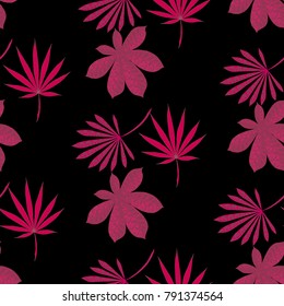 Tropical Seamless Pattern With Leaves of Palm Trees On Black Background. Hand Drawn Tropic Texture In Zentangle Style. Ornate Seamless Background for Print, Interior, Wallpaper, Swimwear. Vector.