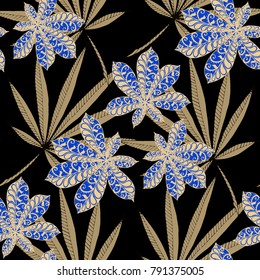 Tropical Seamless Pattern With Leaves of Palm Trees On Black Background. Hand Drawn Rainforest Texture In Zentangle Style. Ornate Seamless Background for Print, Interior, Wallpaper, Swimwear.