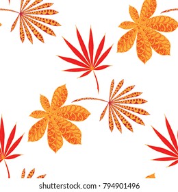 Tropical Seamless Pattern With Leaves of Palm Trees On Black Background. Hand Drawn Tropic Texture In Zentangle Style. Ornate Seamless Background for Print, Interior, Wallpaper, Swimwear. Vector.