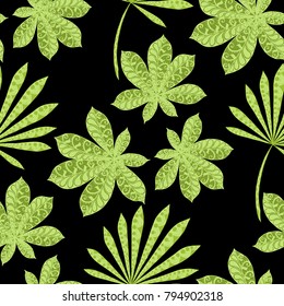 Tropical Seamless Pattern With Leaves of Palm Trees On Black Background. Hand Drawn Tropic Texture In Zentangle Style. Ornate Seamless Background for Print, Interior, Wallpaper, Swimwear.