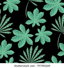Tropical Seamless Pattern With Leaves of Palm Trees On Black Background. Hand Drawn Tropic Texture In Zentangle Style. Ornate Seamless Background for Print, Interior, Wallpaper, Swimwear.