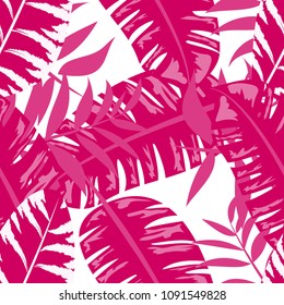 Tropical seamless pattern with leaves of a pink palm. Bathing pattern. Background with tropical plants of pink color.