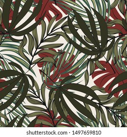 Patrón tropical sin fisuras con hojas y plantas sobre fondo blanco. Diseño de moda, textil, impresión.Vector floral sin fisuras. Plantas exóticas. Bonito patrón. Impresión hawaiana.