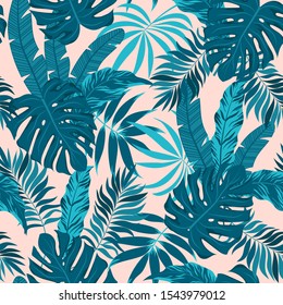 Tropical seamless pattern with leaves and plants on a delicate background. Floral seamless vector tropical pattern background with exotic leaves, jungle leaf. Vector background for various surface. 