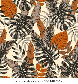 Tropical seamless pattern with leaves and plants on white background. Floral tropical pattern background with exotic leaves, jungle leaf. Exotic wallpaper, Hawaiian style. 