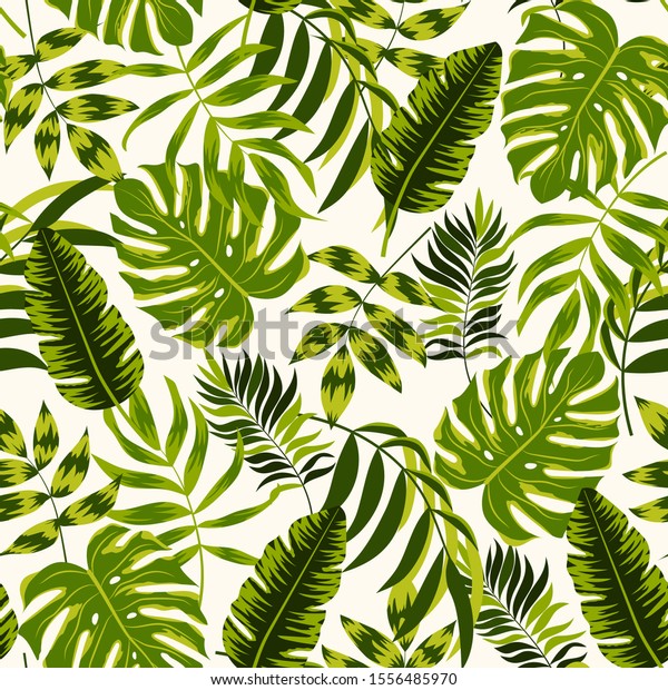 葉や植物のある熱帯のシームレスな模様 さまざまなサーフェスのベクター画像背景 魅惑的な壁紙 ハワイ風 花柄 ジャングルの葉 トレンドベクター画像デザイン 美しい印刷 のベクター画像素材 ロイヤリティフリー