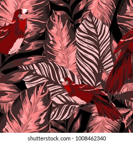 Tropical seamless pattern with leaves and red parrot.Beautiful allover print with hand drawn exotic plants and birds. Swimwear tropical design.
